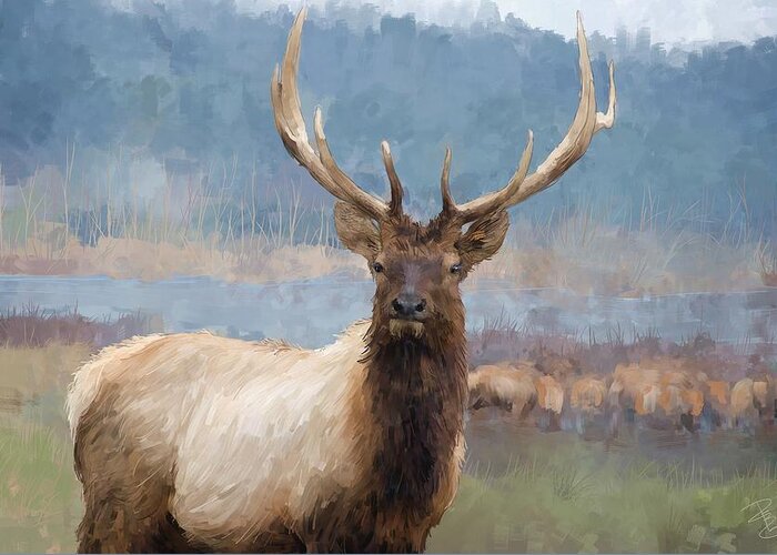 Animal Greeting Card featuring the digital art Bull elk by the river by Debra Baldwin