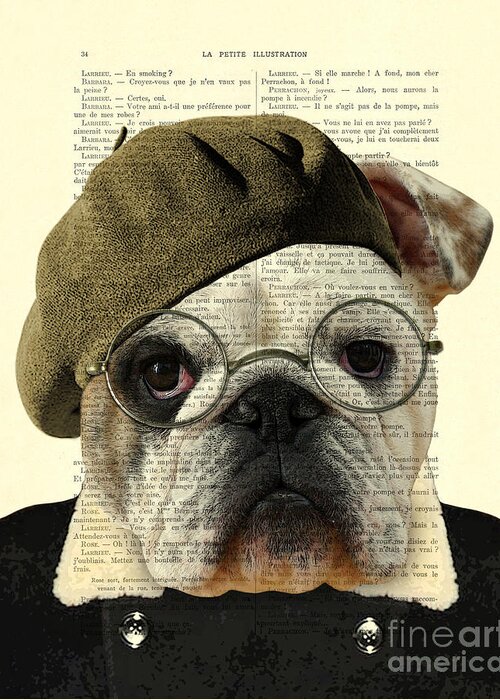 Bulldog Greeting Card featuring the digital art Bulldog portrait, animals in clothes by Madame Memento