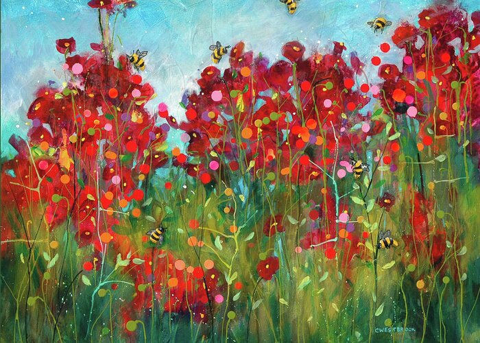 Artwork Greeting Card featuring the painting Bumblebees and Poppies by Cynthia Westbrook