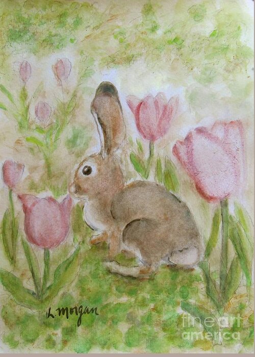 Bunny Greeting Card featuring the painting Bunny in the Tulips by Laurie Morgan