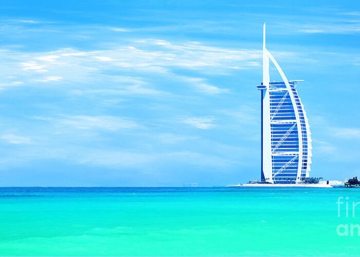 Arab Greeting Card featuring the photograph Burj Al Arab hotel on Jumeirah beach in Dubai by Anna Om