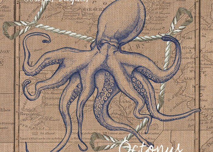 Octopus Greeting Card featuring the painting Burlap Octopus by Debbie DeWitt
