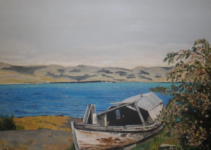 Old Boat Greeting Card featuring the painting Burwash Landing Yukon by Betty-Anne McDonald