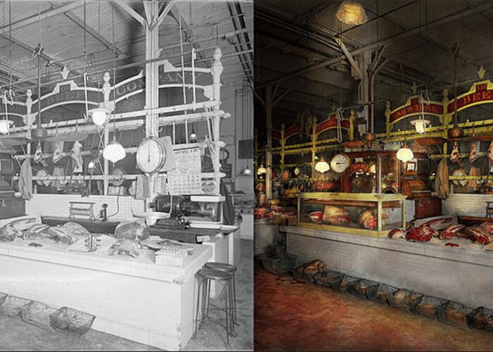 Self Greeting Card featuring the photograph Butcher - Meat Party 1926 Side by Side by Mike Savad