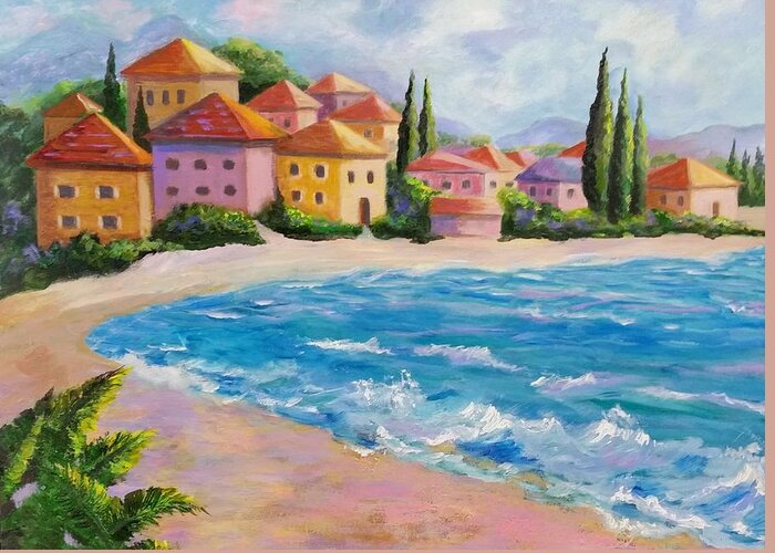 Village Greeting Card featuring the painting By the Sea by Rosie Sherman