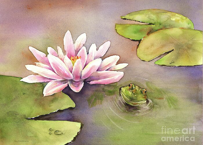 Watercolor Frog Greeting Card featuring the painting By the Waterlily by Amy Kirkpatrick