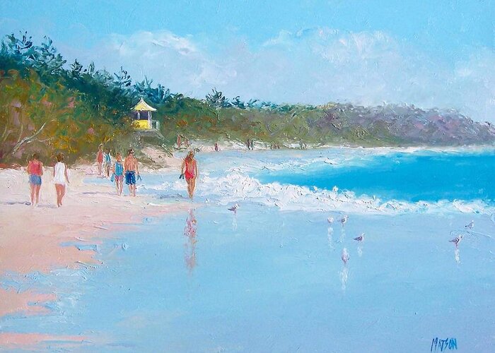 Byron Bay Greeting Card featuring the painting Byron Bay Beach Walkers by Jan Matson