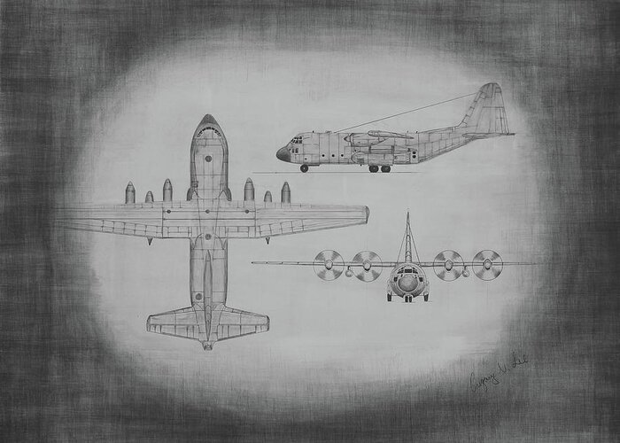 C130 Greeting Card featuring the drawing C130 Hercules by Gregory Lee
