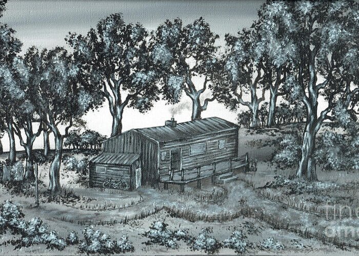 Trees Greeting Card featuring the painting Cabin In The Woods by Kenneth Clarke