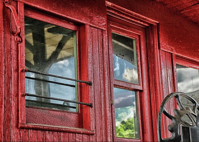 Red Greeting Card featuring the photograph Caboose Windows by Mike Martin