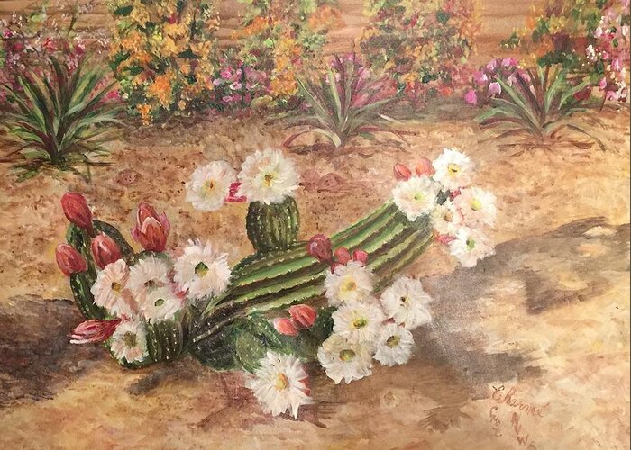 A Back Yard Cactus Growing Among The Flowers. Beige White Yellow Greeting Card featuring the painting Cactus Garden by Charme Curtin
