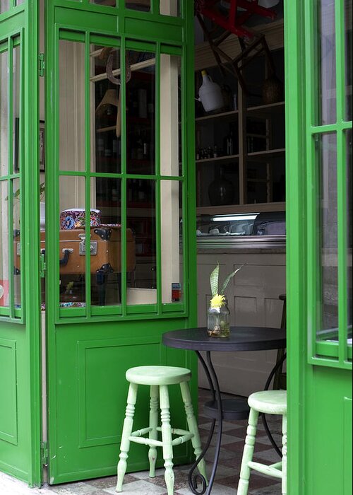 Lisbon Greeting Card featuring the photograph Cafe In Green by Lorraine Devon Wilke
