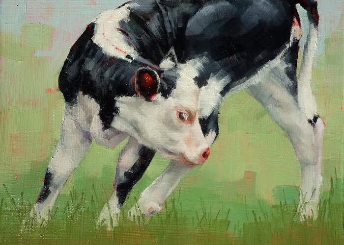 Calf Greeting Card featuring the painting Calf Contortions by Margaret Stockdale