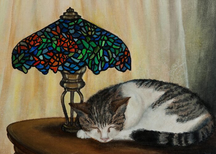 Lamp Greeting Card featuring the painting Calico by Elizabeth Mundaden