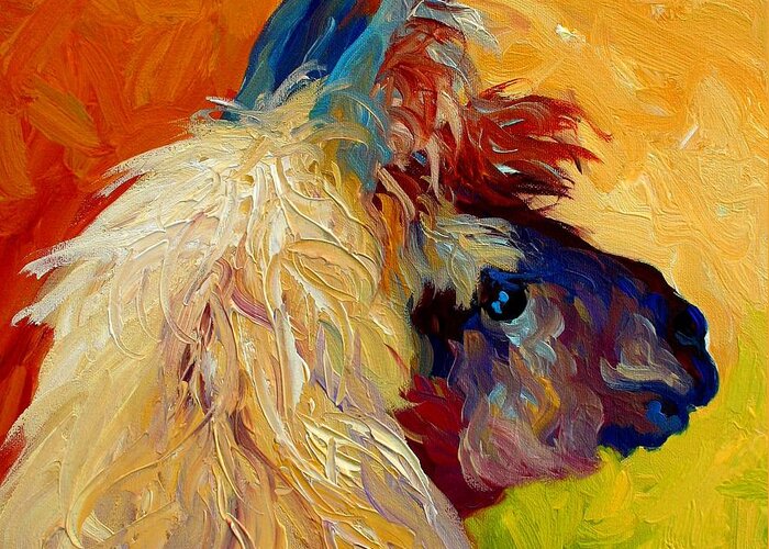 Llama Greeting Card featuring the painting Calico Llama by Marion Rose