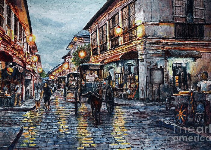 Crisologo Greeting Card featuring the painting Calle Crisologo at Dusk by Joey Agbayani
