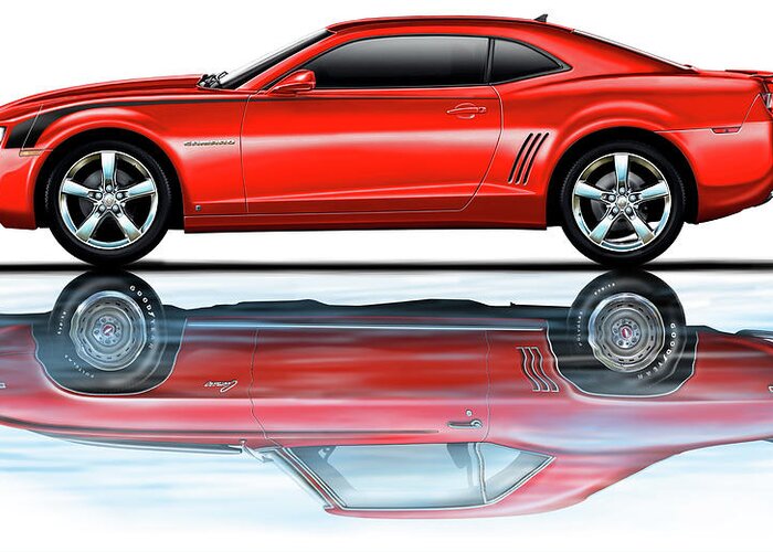 Camaro Greeting Card featuring the digital art Camaro 2010 Reflects Old Red by David Kyte