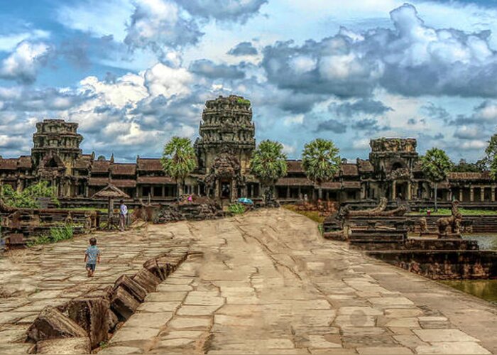 Angkor Wat Greeting Card featuring the digital art Cambodia Angkor Wat Pathway to Entrance by Chuck Kuhn