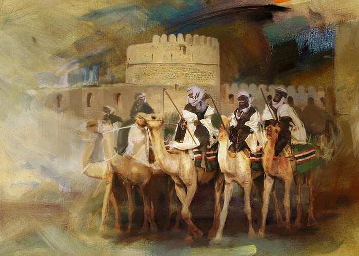 Fujairah Fort Greeting Card featuring the painting Camels and Desert 34 by Mahnoor Shah