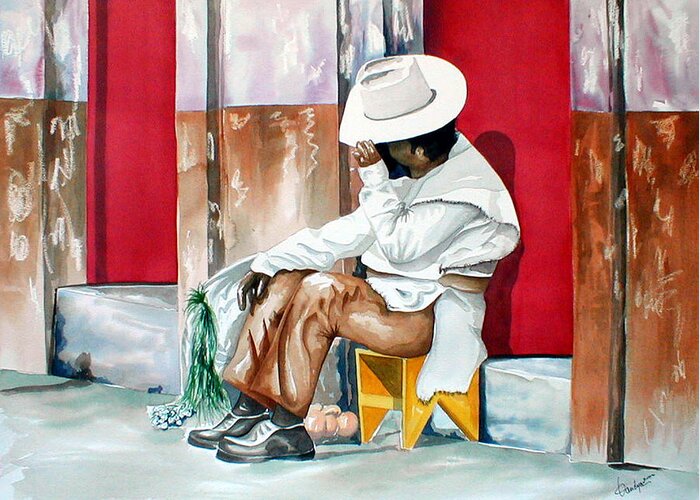 South Of The Border Greeting Card featuring the painting Camera Shy by Kandyce Waltensperger