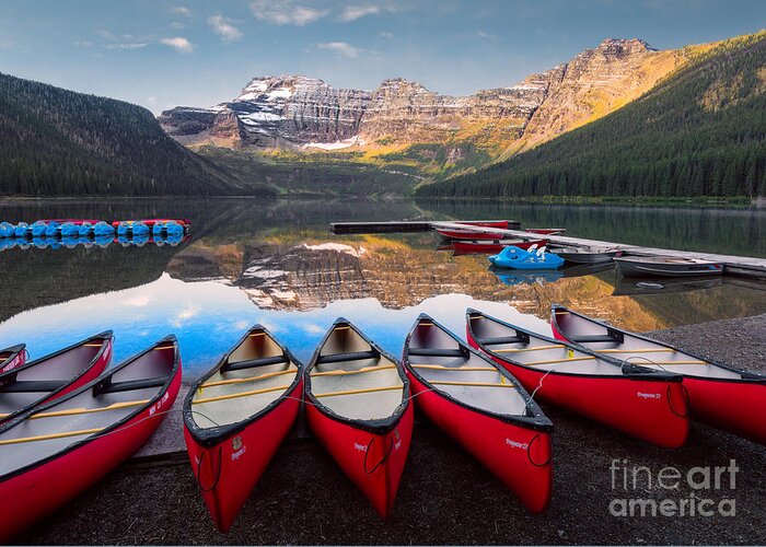 Alberta Greeting Card featuring the photograph Cameron Lake and Canoes by Jerry Fornarotto
