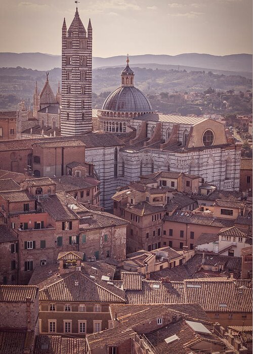 Campanile Greeting Card featuring the photograph Campanile and Cathedral in Siena Italy Antique Matte by Joan Carroll