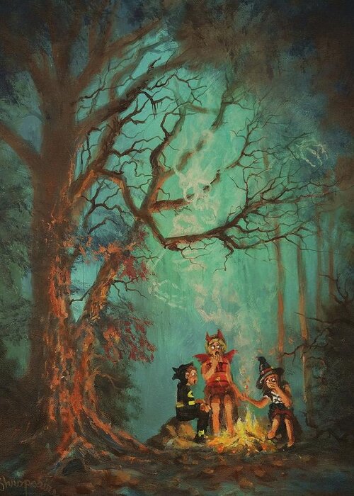 Halloween Greeting Card featuring the painting Campfire Ghost by Tom Shropshire