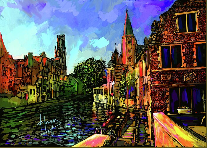 Landscape Greeting Card featuring the painting Canal in Bruges by DC Langer