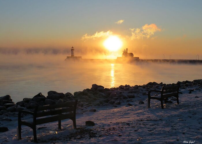 Sunrise Greeting Card featuring the photograph Canal Park at 18 Below by Alison Gimpel