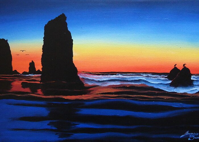 Sunsets Of The Oregon Coast Greeting Card featuring the painting Cannon Beach Blue 1 by James Dunbar