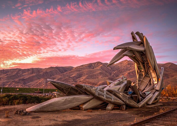 Lewiston Greeting Card featuring the photograph Canoe Art Sculpture with Pink Clouds by Brad Stinson