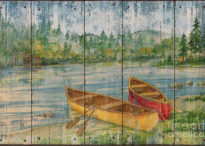 Canoe Greeting Card featuring the painting Canoe Camp - Distressed by Paul Brent