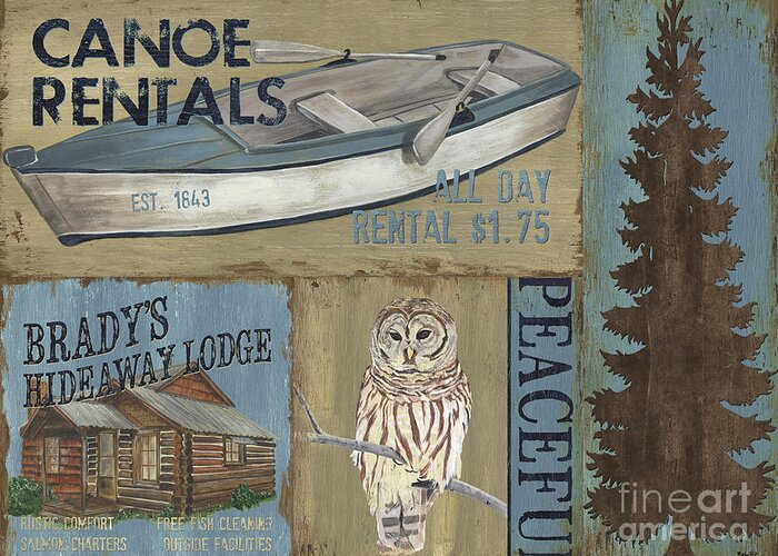 Lodge Greeting Card featuring the painting Canoe Rentals Lodge by Debbie DeWitt