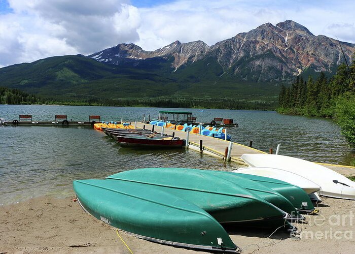 Canada Greeting Card featuring the photograph Canoes At Pyramid Lake by Christiane Schulze Art And Photography