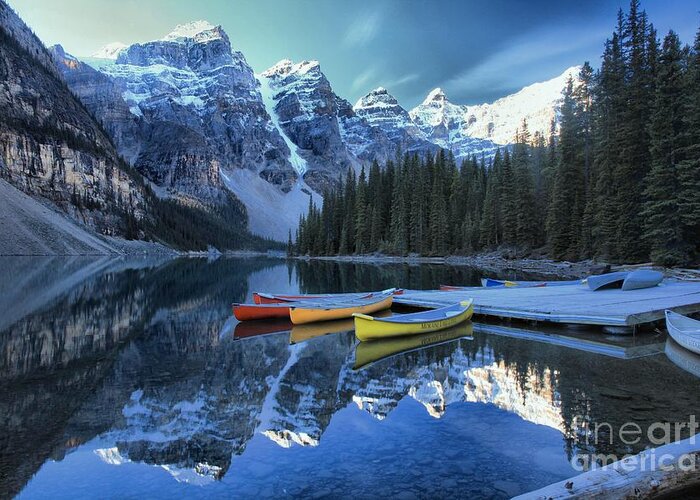 Moraine Lake Greeting Card featuring the photograph Canoes In Moraine by Adam Jewell