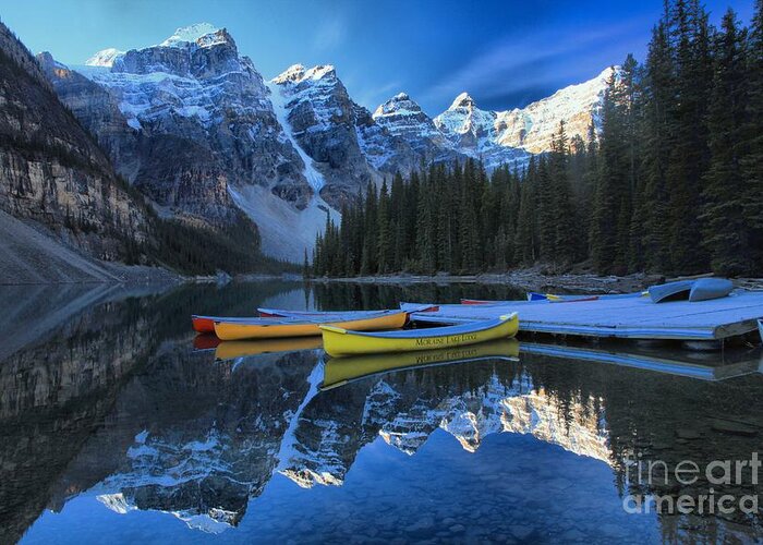 Moraine Lake Greeting Card featuring the photograph Canoes In Paradise by Adam Jewell