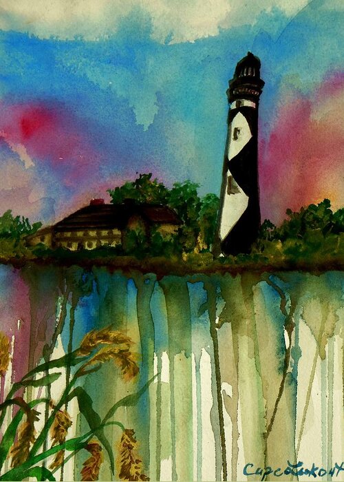 Lighthouse Greeting Card featuring the painting Cape Lookout by Lil Taylor