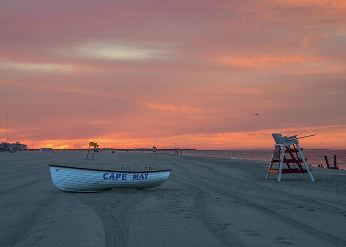 Cape; May; New; Jersey; Fire; In; The; Sky; New; Jersey; Beach; Shore; Lifeboat; Life; Boat; Bill; Cannon; Photography Greeting Card featuring the photograph Cape May - Red Skies by Bill Cannon