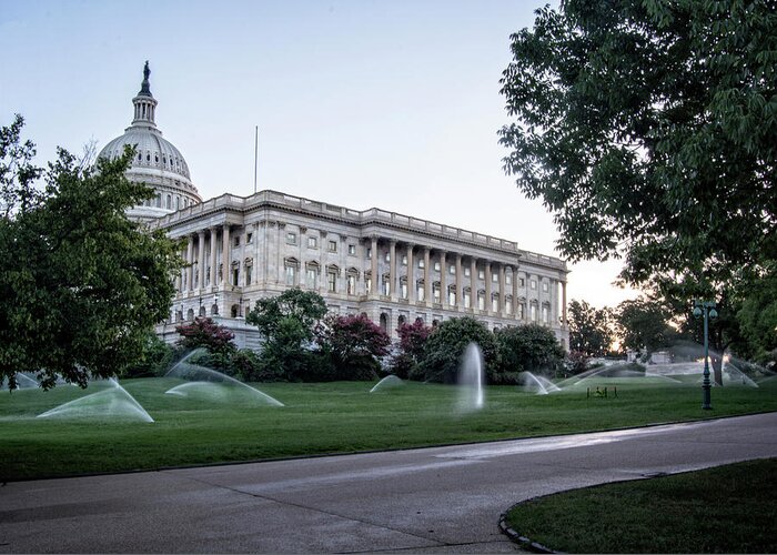 Us Capitol Building Greeting Card featuring the photograph Capitol Hill Sprinklers by Greg and Chrystal Mimbs