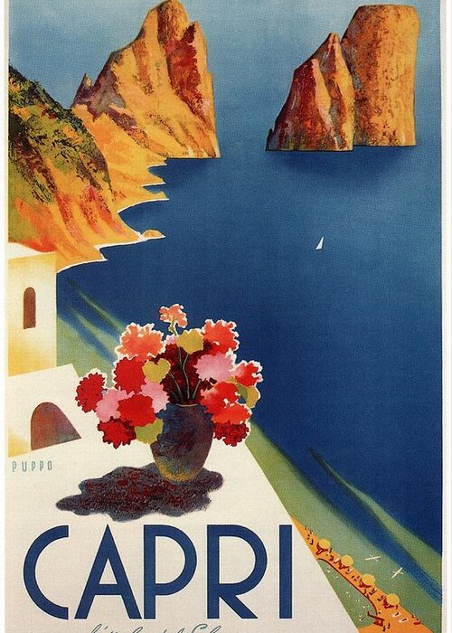 Capri Island Naples Italy Flowers Bay Sea Mountains Water Tourism Lithograph Retro Advertising Poster Poster Wall Art Vintage Retro Travel 1920 Retro Travel Art Retro Poster Vintage Poster Poster Print Travel Poster Illustrated Poster Gifts Illustration Buy Art Online Vintage Travel Poster Affiche Bauhaus Art Nouveau Art Deco 1920 Poster Vintage Decor Classical European Vintage Posters Best Seller Affiche Vintage Office Decor Modern Wall Decor Home Decor Greeting Card featuring the mixed media Capri Island, Bay of Naples, Italy - Retro travel Poster - Vintage Poster by Studio Grafiikka