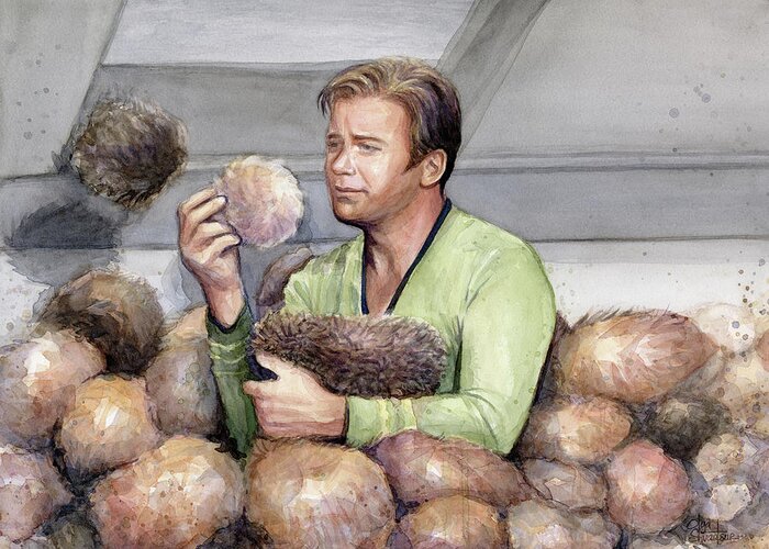 Star Trek Greeting Card featuring the painting Captain Kirk and Tribbles by Olga Shvartsur