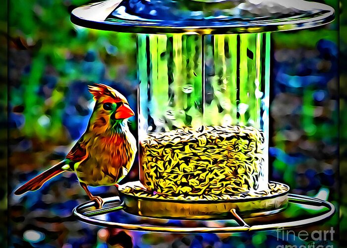Bird Greeting Card featuring the photograph Cardinal At Feeder by Leslie Revels
