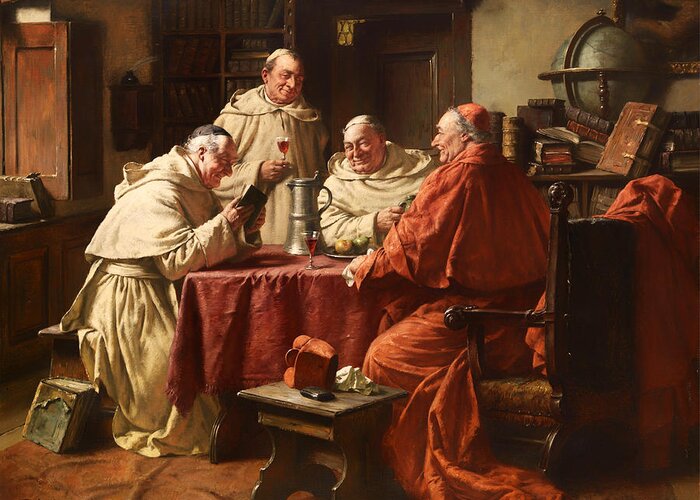 Painting Greeting Card featuring the painting Cardinal With Monks In A Monastery Library by Mountain Dreams