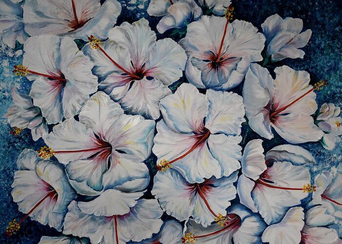 White Hibiscus Greeting Card featuring the painting Caribbean Hibiscus by Karin Dawn Kelshall- Best