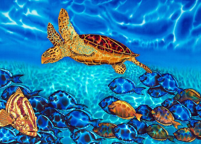Sea Turtle Greeting Card featuring the painting Caribbean Sea Turtle and Reef Fish by Daniel Jean-Baptiste