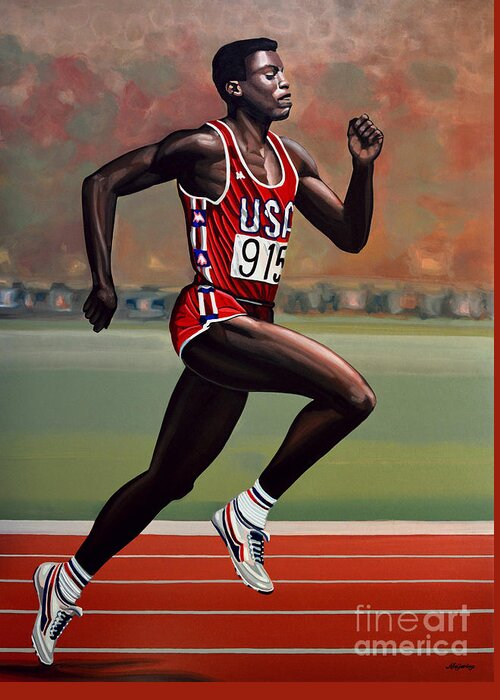 Carl Lewis Greeting Card featuring the painting Carl Lewis by Paul Meijering