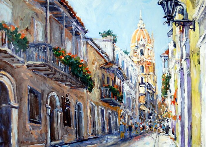 Cityscape Greeting Card featuring the painting Cartagena Colombia by Ingrid Dohm