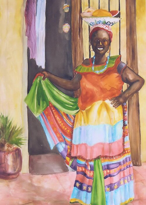 Dressed In Her Traditional Costume This Fruit Seller Is Very Colorful. Columbia Greeting Card featuring the painting Cartegena Woman by Charme Curtin