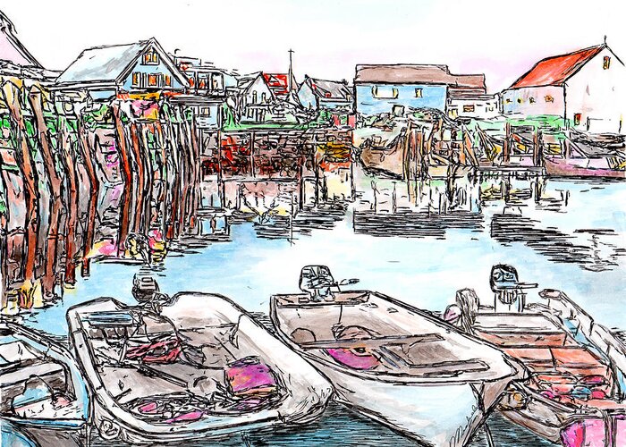 Pen Greeting Card featuring the drawing Carvers Harbour with Boats , Vinal Haven, Maine by Michele A Loftus