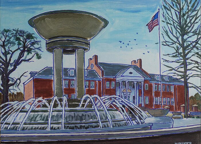 Cary Greeting Card featuring the painting Cary Arts Center and Fountain by Tommy Midyette